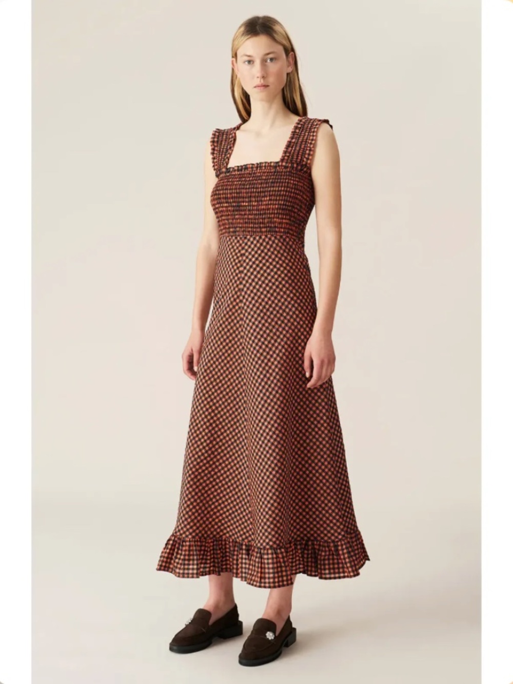 GANNI SEERSUCKER CHECK MAXI DRESS